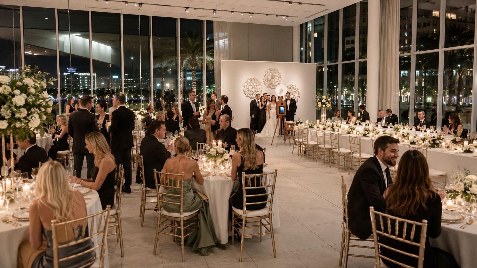 A luxury open-air photo booth integrated into an elegant Tampa Bay wedding reception.